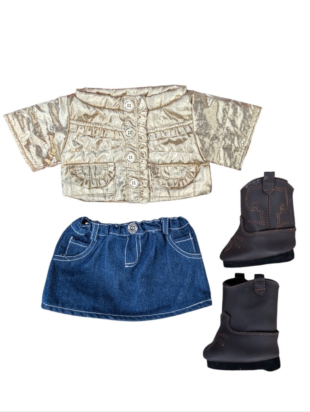 Build-A-Bear Gold Jacket, Denim Skirt & Cowboy Boots Outfit - BAB Not Included